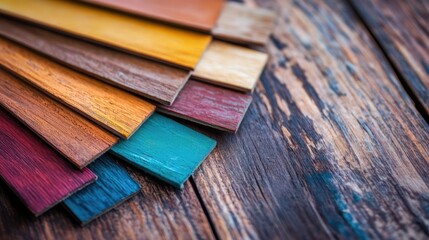 Poster - Vibrant wooden color palette selection displayed on rustic wooden table showcasing various shades and textures for design inspiration