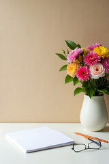 Poster - A minimalist home office setup features a simple desk with a colorful flower bouquet and notepaper on a textured sackcloth backdrop._00003_