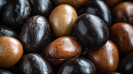 Poster - Macro shot of an assortment of roasted brown and black coffee beans displaying rich textures and colors for food and beverage concepts