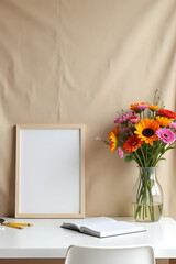 Poster - A minimalist home office setup features a simple desk with a colorful flower bouquet and notepaper on a textured sackcloth backdrop._00002_
