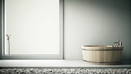 Poster - A soothing bathroom enhanced with smooth pebbles lining the floor and a wooden soaking tub where natural light streams in through a frosted window illuminating a single orchid p on