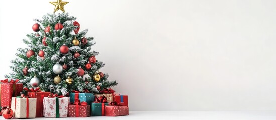 Poster - Christmas tree with star topper decorated with ornaments surrounded by colorful gifts on a white background for festive holiday themes