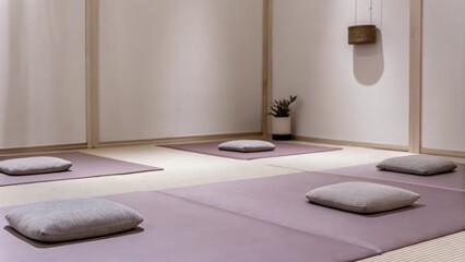 Aufkleber - A calm meditation space featuring a muted mauve mat soft gray cushions in a circle and a wall adorned with minimalistic decor including a small indoor plant that enhances the
