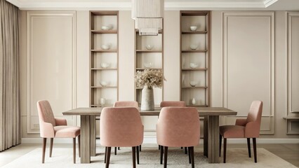 Poster - An elegant dining area with a rectangular matte oak table surrounded by soft blush upholstered chairs a simple vase holding dried flowers as a centerpiece and wallmounted shelves
