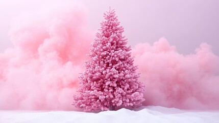 Poster - Elegant pink Christmas tree surrounded by soft pink smoke in a serene winter landscape celebrating the festive season.