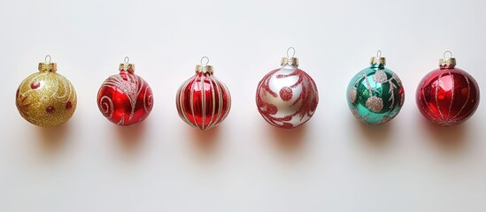 Poster - Colorful Christmas ornaments in a row on a white background space for holiday text festive decoration for winter celebration concepts