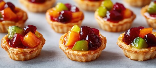 Poster - Deliciously baked mini fruit-filled pies arranged on a gray surface perfect for holiday tea gatherings and festive celebrations.