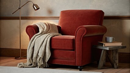 Aufkleber - A cozy reading nook nestled in a corner with a taupe armchair a beige throw blanket and soft grey cushions. A small side table holds a steaming mug while a floor lamp illuminates a