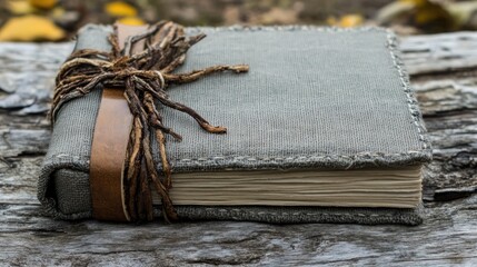 Poster - Textured cloth photo album with leather ties placed on rustic wooden background showcasing vintage aesthetic and craftsmanship.