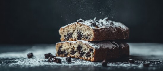 Aufkleber - Traditional Stollen dessert with detailed view showcasing texture and powdered sugar on a dark background. Perfect for festive occasions.