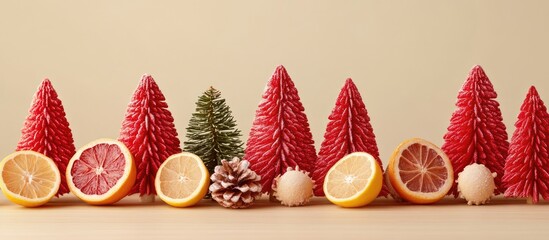 Aufkleber - Colorful wooden Christmas tree toys with gingerbread and dried citrus slices arranged in a festive holiday composition on a neutral background
