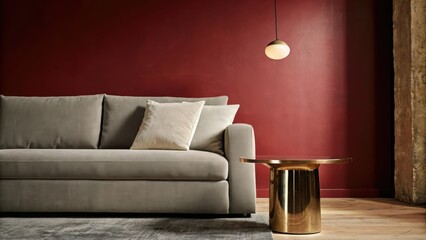Poster - A zeninspired living room with a minimalist gray sofa adorned with plush white pillows complemented by a polished gold coffee table that adds a striking focal point under a