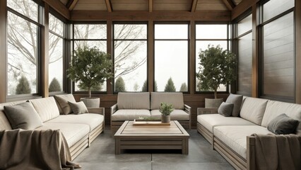 Aufkleber - A tranquil sunroom adorned with comfortable beige seating grey accent pillows and taupe throw blankets. Large windows invite natural light highlighting potted plants and a