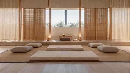 Aufkleber - A peaceful meditation space with a simple mat on light hardwood flooring and a low platform for seating. Soft cushions in gentle colors are arranged around a small altar while soft