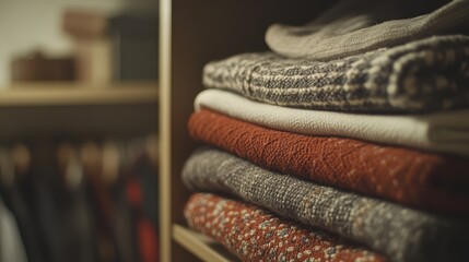 Fototapete - Neatly Folded Clothes Stacked on a Shelf in a Well-Organized Closet Interior
