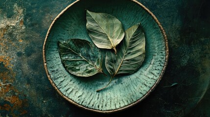 Poster - Closeup of dried green leaves arranged on a rustic ceramic plate with textured background enhancing natural aesthetics