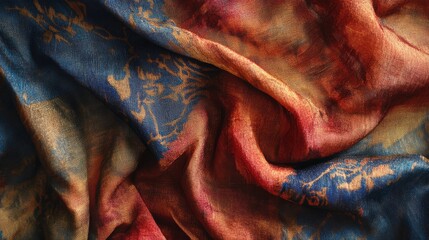 Poster - Colorful fabric texture with intricate patterns showcasing rich hues and natural folds for backgrounds and textile design applications.