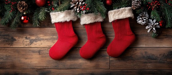 Aufkleber - Christmas wooden backdrop with festive red socks surrounded by pine branches and holiday decorations for seasonal decor concepts.