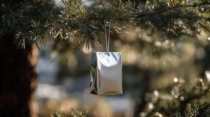 Poster - Silver gift bag decoration hanging from a pine tree branch creating a festive ambiance for Christmas celebrations with a soft blurred background