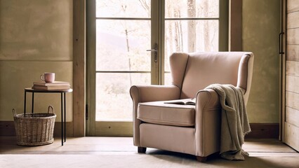 Poster - A quiet reading nook nestled in front of a large window showcasing a plush comfortable armchair in muted tones. A small side table holds a steaming mug and a stack of books while a