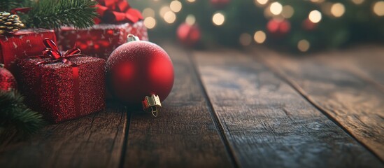 Aufkleber - Christmas ornaments and presents arranged beautifully on a rustic wooden surface with a softly glowing festive background