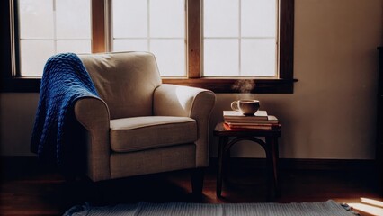 Poster - A tranquil reading nook with a comfortable armchair in soft ochre a small side table holding a steaming cup of tea and a stack of books. Floortoceiling windows let in golden