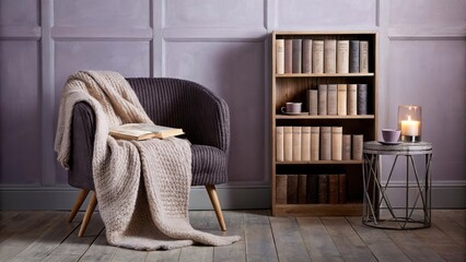 Poster - An intimate reading nook with soft lavender walls a knitted throw draped over an oversized chair. A subtle bookshelf lined with muted covers enhances the cozy atmosphere paired