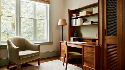 Aufkleber - A tranquil study enveloped in dusty rose tones featuring a sleek writing desk with a rich walnut finish. The space is complemented by a cozy armchair and builtin shelves housing