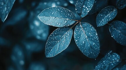Aufkleber - close up of dark blue leaves with water droplets showcasing natural beauty and freshness in a serene environment