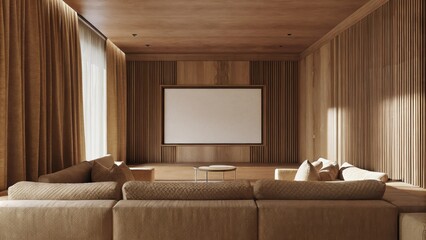 Poster - A sophisticated media room featuring a muted palette of charcoal and cream with a plush sectional sofa that wraps around a low coffee table. The textured cushions add warmth while