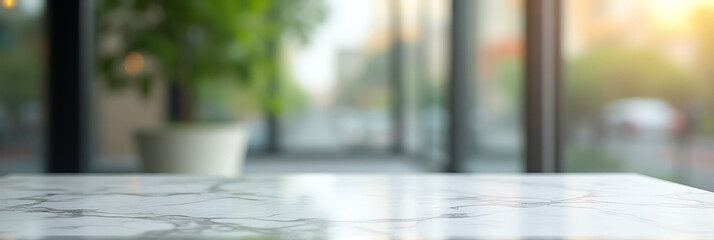 Poster - A marble table top is blurred in the background with an abstract window glass reflection for a unique product display style._00001_