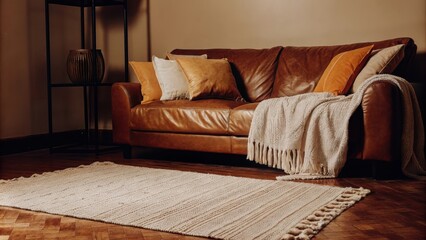Aufkleber - An inviting family room features a dark leather sofa surrounded by an array of cushions in various fabrics and colors. A large woven rug lies underfoot while a chunky knit throw is