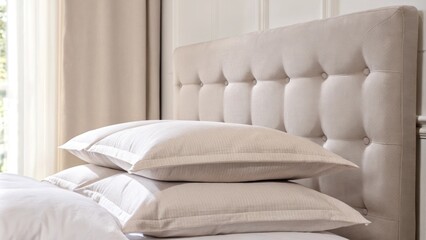 Aufkleber - A serene bedroom incorporates a taupe upholstered headboard against a beige wall with layered cream bedding and soft throw pillows complemented by natural light streaming through