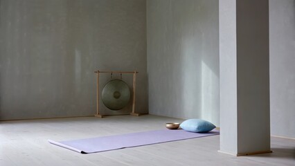 Leinwandbilder - A refined yoga space showcasing pale gray walls a soft lavender yoga mat spread on a light wood floor and a small pastel blue cushion for meditation creating a harmonious