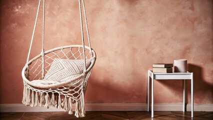 Poster - A cozy reading nook with walls in gentle coral a hanging macramÃ© chair and pastel patterned cushions with a small white shelf holding a few selected books.