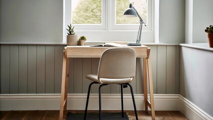 Poster - A small workspace tucked into a corner with a simple wooden desk and a comfortable chair. Natural light pours in from a nearby window illuminating a few potted succulents and a