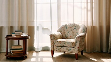 Poster - A cozy reading nook highlighted by a large window draped in linen curtains. A small rounded armchair upholstered in a muted floral fabric sits next to a wooden side table stacked