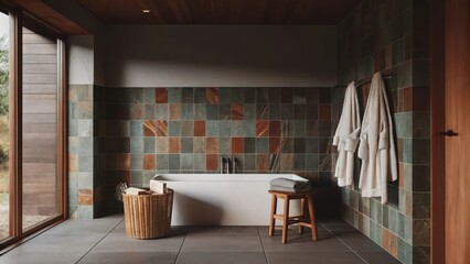 Poster - A tranquil bathroom adorned with natural stone tiles in earthy tones complemented by a deep soaking tub lined with eucalyptus branches. A wicker basket holds plush towels and a