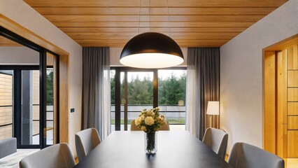 Poster - A spacious dining area featuring a polished table with no more than four sleek chairs adorned only with a minimalistic centerpiece of fresh flowers bathed in light from a modern