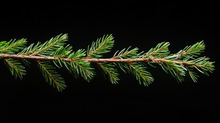 Poster - Christmas tree branch against a black background showcasing vibrant green needles and natural texture for holiday-themed designs.