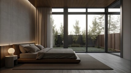 Poster - A serene bedroom designed with a low platform bed and essential furnishings including a modern bedside table with a simple lamp. The walls are painted in a calming neutral tone and