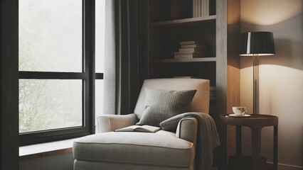 Aufkleber - A peaceful reading nook with a comfortable armchair positioned beside a large window accompanied by a single small table carrying a cup of tea and a wellchosen novel surrounded by