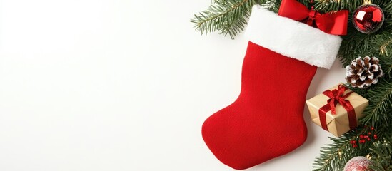 Poster - Red Christmas stocking surrounded by festive decorations including gift boxes pine cones and ornaments on a white background