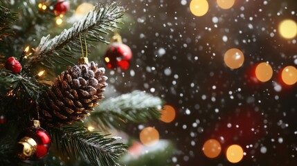 Aufkleber - Macro shot of a Christmas tree branch with pine cone and ornaments against a blurred bokeh background with soft snowfall effects
