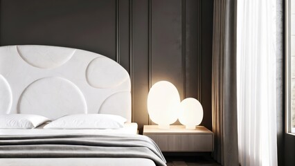 Poster - A tranquil bedroom featuring a sculptural headboard made of organic shapes. Minimalist bedside tables flank the bed and subtle lighting highlights a delicate ceramic sculpture on