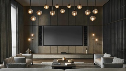 Poster - A sophisticated media room with an eyecatching of pendant lights in varying heights hanging above a low coffee table surrounded by minimalist seating and a muted color scheme that