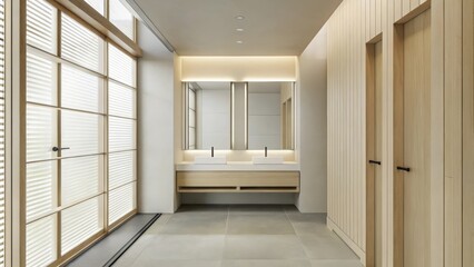 Poster - A minimalist bathroom with a handcrafted vanity unit featuring clean lines and an integrated sink complemented by sleek fixtures and calming hues creating a spalike atmosphere.