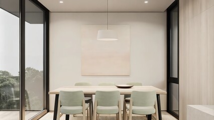 Poster - A bright dining area featuring an oak table surrounded by light mintcolored chairs. On the wall a large canvas filled with soft shades of peach and sand complements the airy sunlit
