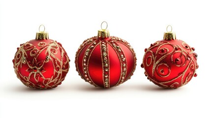 Aufkleber - Red Christmas ornaments in intricate designs isolated on a white background ideal for holiday decor and festive imagery.