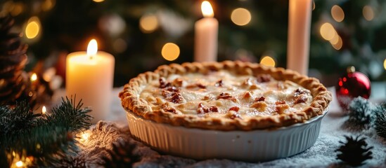 Poster - Christmas pie beautifully arranged with candles and blurred festive lights creating a warm holiday atmosphere.